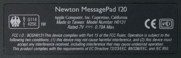 Newton MessagePad 120 - identification tag