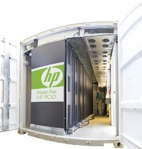 iVEC HP POD exterior - blue shipping container with HP logos