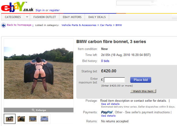 eBay auction for carbon fibre bonnet, complete with semi-naked woman