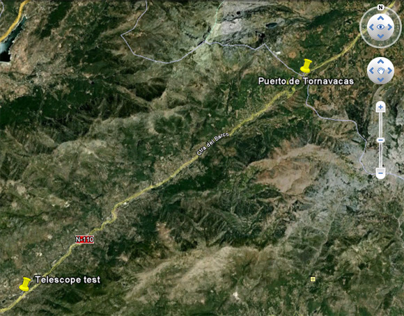 Google Earth grab showing viewing point and target for telescope test