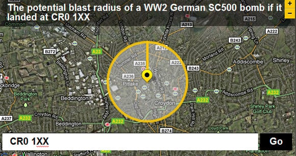 Blast radius of a German WWII SC500 bomb if it landed at CR0 1XX