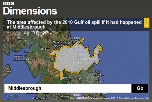 BBC Dimensions grab showing Gulf oil spill centred on Middlesbrough