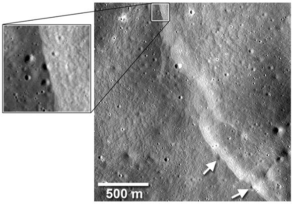 NASA LRO image showing lobate scarp cutting across small craters. Credit: NASA Goddard/Arizona State University/Smithsonian