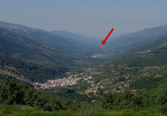 The view down the valley from Puerto de Tornavacas, with target location arrowed