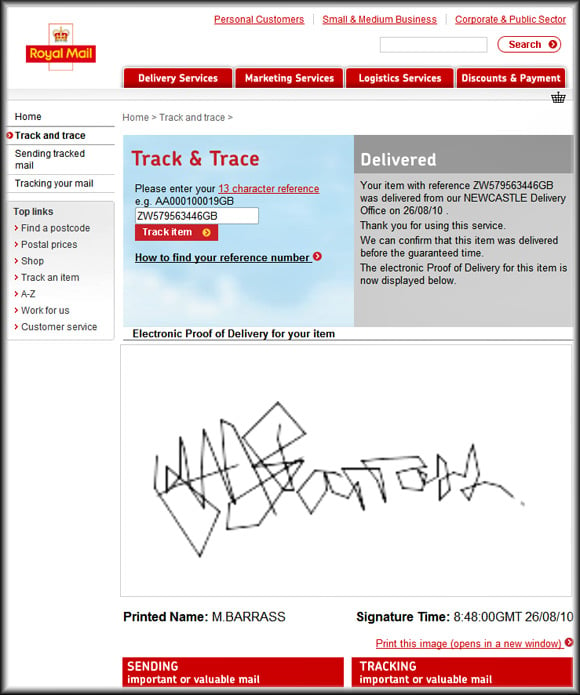 Proof of delivery signed M.BARRASS