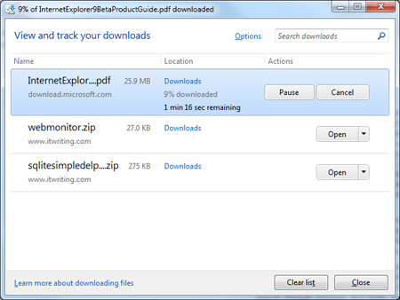 Downloads in IE9 beta