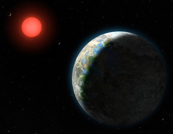 Artist's conception showing the inner four planets of the Gliese 581 system. GJ 581g, potentially habitable, is in the foreground. Credit: Lynette Cook/NSF