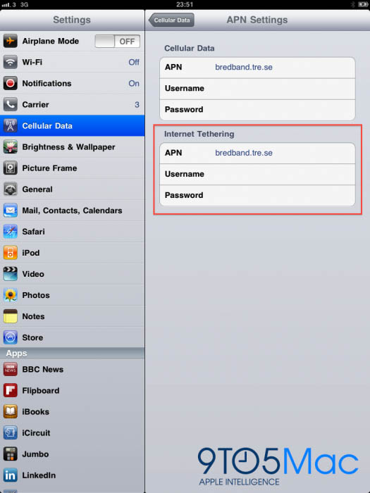 iPad tethering option