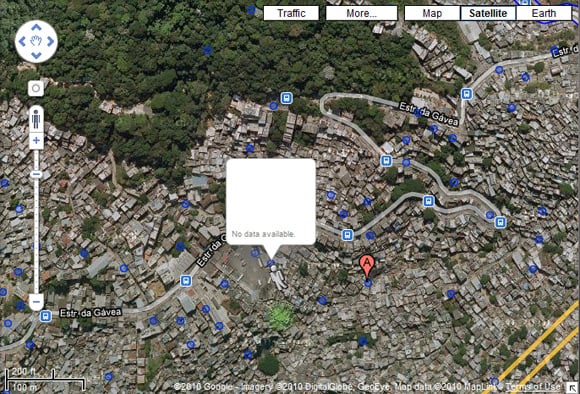 Satellite view of Rocinha, with no Street View data available