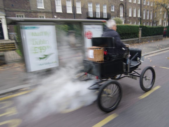 We pass a steam car in South London
