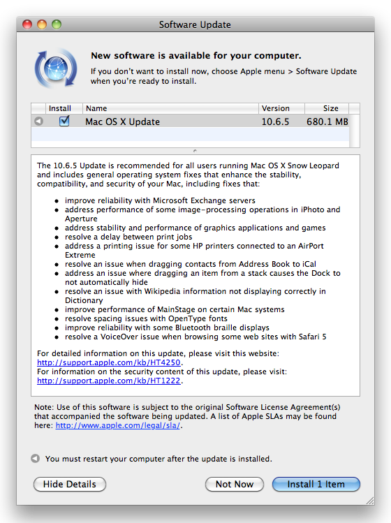 Mac OS X 10.6.5 update notice