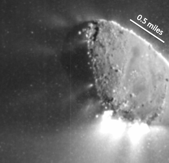 The nucleus of comet Hartley 2 belching dry ice, imaged by the EPOXI spacecraft. Credit: NASA/JPL-Caltech/UMD