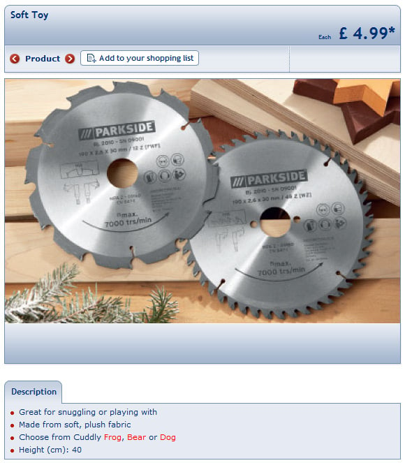 LIDL's soft toy page showing circular saw blades