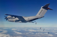 Airbus President and CEO Tom Enders and the A400M Programme Manager at the OCCAR organisation for the management of European defence programmes, Bruno Delannoy, participate in a parachute jump from an A400M. Credit: Airbus Military