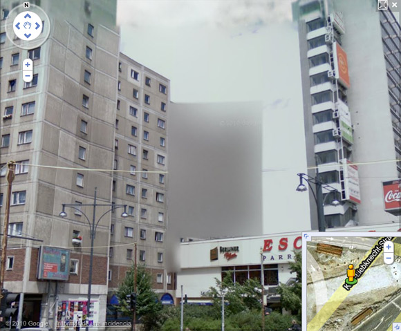 Street View grab showing blurred office block in Berlin