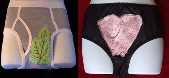 Boxer shorts and panties with strategically-placed fig leaf and clasped hands