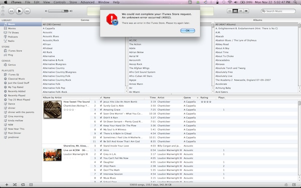 Screen capture of iTunes error