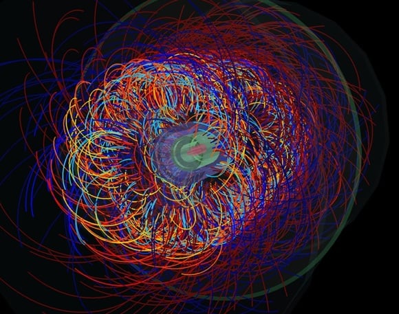 Event recorded by the ALICE experiment from the first lead ion collisions, at a centre-of-mass energy of 2.76 TeV per nucleon pair. Credit: CERN