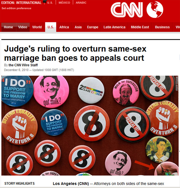 CNN website grab showing gay campaigning badges, one with male member