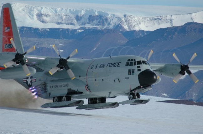 A US C-130 Hercules equipped with skis takes off in the Antarctic using JATO. Credit: DoD
