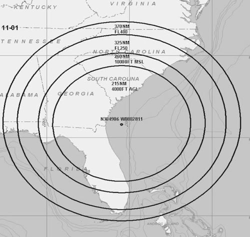 Map showing affected area of Department of Defense GPS tests