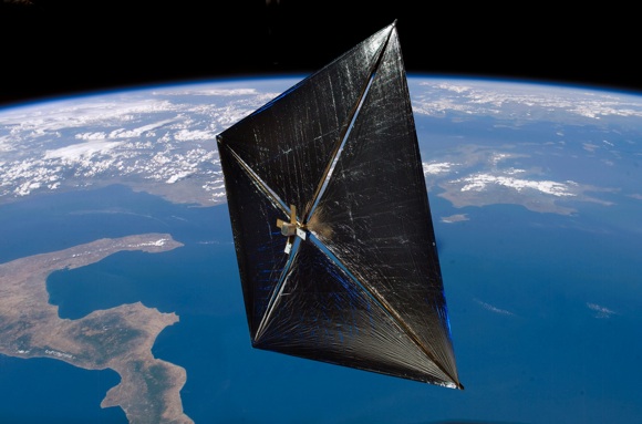 NASA concept of the NanoSail-D with sails deployed in orbit