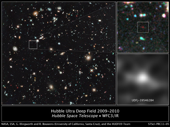 Hubble views of the most distant galaxy. Images: NASA