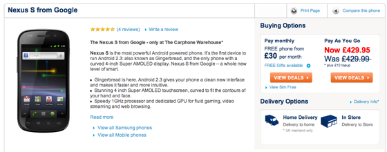 Carphone Warehouse generous Nexus S discount