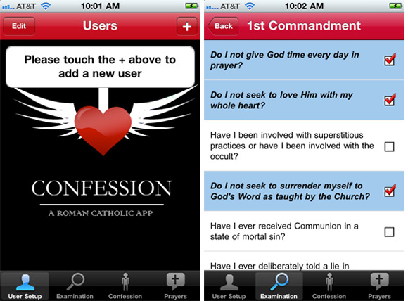 iPhone screen grabs of the Confession app