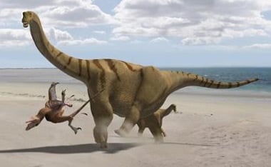 Artist's impression of thunder-thighs kicking a lesser dinosaur into touch. Pic: UCL