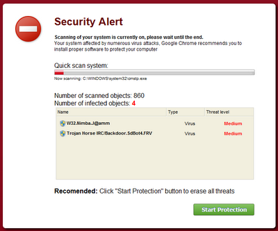 Screen capture of Rogue AV ad spoofing Google Chrome