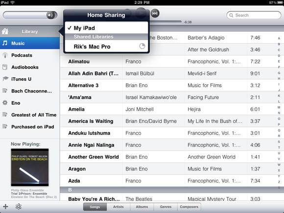 iTunes Home Sharing in iOS 4.3 on an iPad