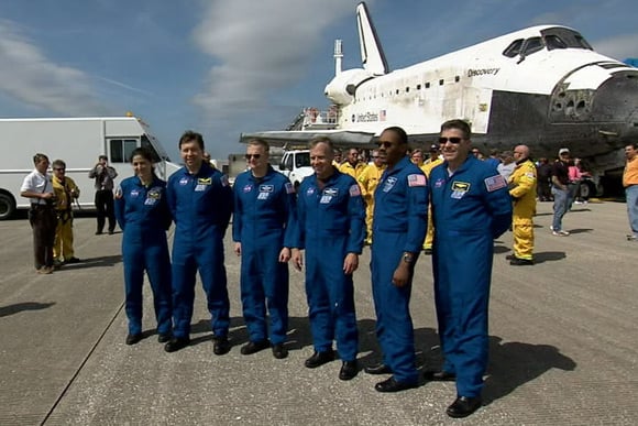 The Discovery crew poses at Kennedy yesterday. Pic: NASA