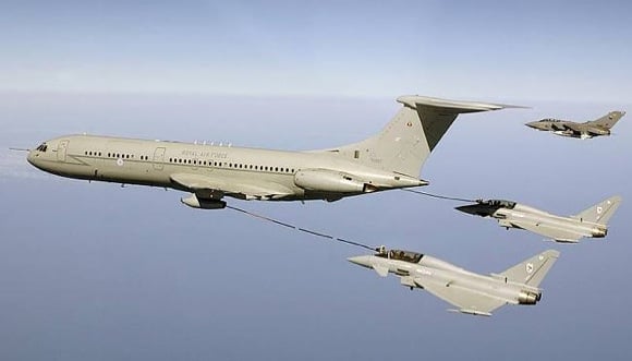 RAF Eurofighter Typhoons take fuel from a VC10 tanker above the Mediterranean while a Tornado awaits its turn. Credit: Crown Copyright/SAC Taz Hetherington