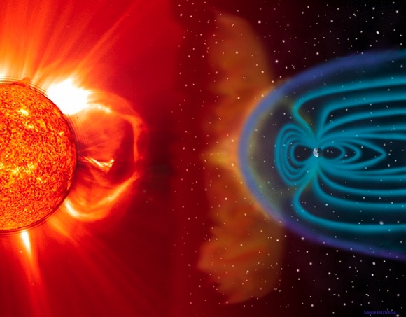 A coronal mass ejection strikes the Earth's magnetic field. credit: NASA