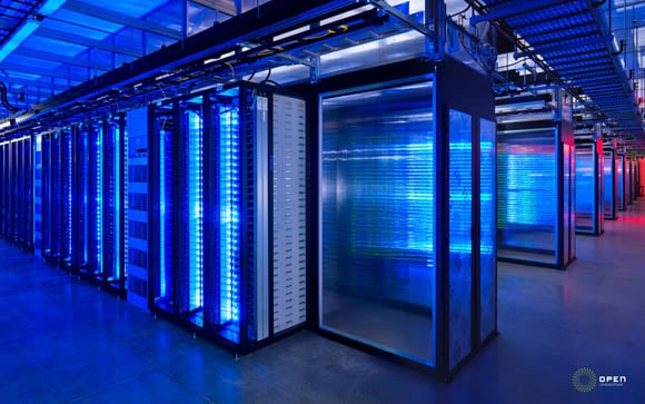 Facebook data center - interior, lit up