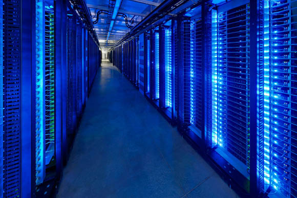 Facebook data center - interior, lit up