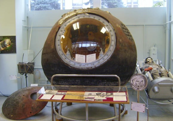The Vostok I capsule displayed at the RKK Energiya Museum outside of Moscow. Pic: Wikipedia/SiefkinDR