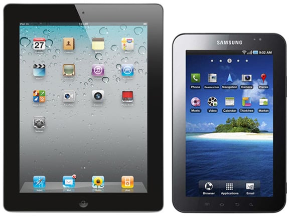 9.7-inch Apple iPad 2 (left) and 7-inch Samsung Galaxy Tab (right)