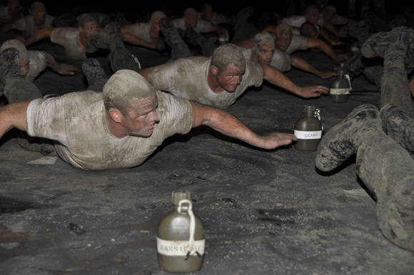 A class enjoying the early stages of Basic Underwater Demolition/SEAL (BUD/S) training.