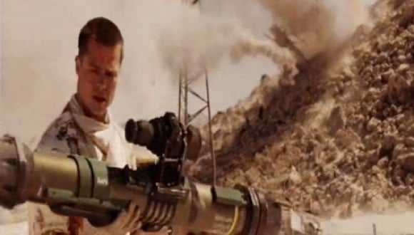 Assassin Brad Pitt having just fired a smart missile at his wife Angelina Jolie in Mr and Mrs Smith (2005)