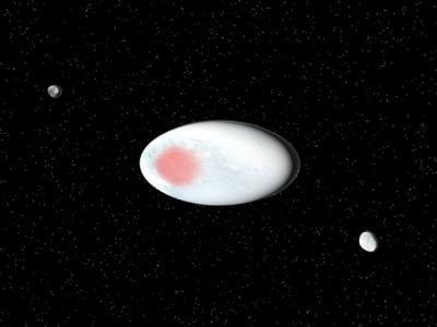 Visualisation of the dwarf planet Haumea and its satellites. Credit: SINC/José Antonio Peñas