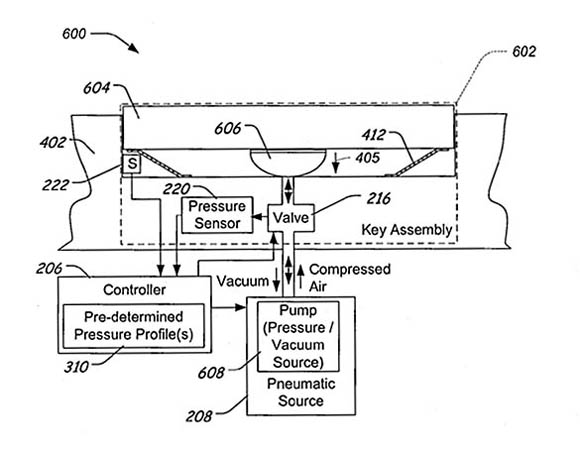 Apple patent illustration: a keyboard that blows and sucks