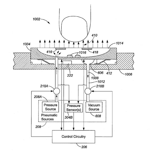 Apple patent illustration: a keyboard that blows and sucks