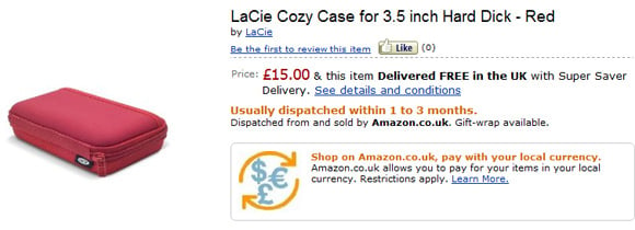 Screen grab from Amazon UK, showing LaCie Cozy Case for 3.5 inch Hard Dick - Red