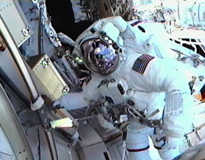 Mission specialist Drew Feustel seen during today's EVA. Pic: NASA TV.