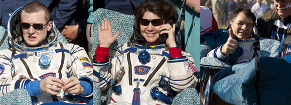 Dmitry Kondratyev, Cady Coleman and Paolo Nespoli shortly after landing in Kazakhstan. Pic: NASA