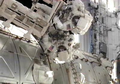 Drew Feustel and Mike Fincke outside the ISS on today's spacewalk. Pic: NASA