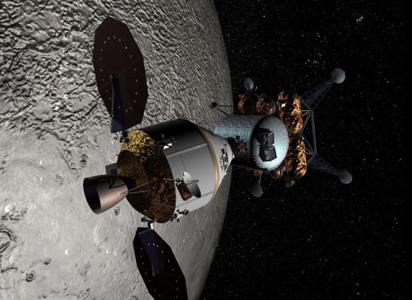 Concept pic showing Orion Crew Exporation Vehicle docked with a lander in lunar orbit. Credit: NASA