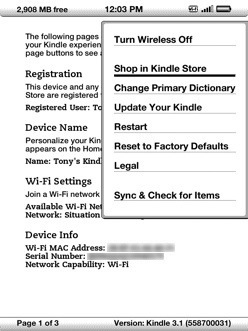 Kindle Restart menu